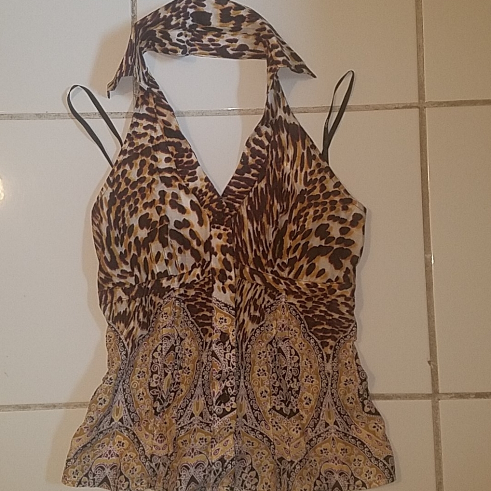 Brown Animal/Abstract Pattern Halter Top